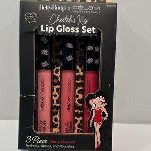 Betty Boop X Celavi Cheetah’s Kiss (3) piece Lip Gloss Cherry Flavored Set.